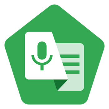 Green pentagon with graphic with microphone and text document