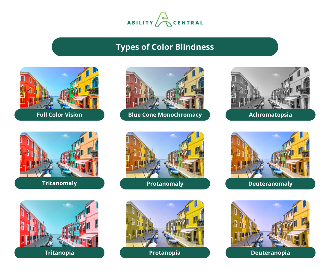 A chart with photo examples of what the world looks like for different types of color blindness. At the top of the page, underneath Ability Central’s capital A logo, a green oval with white text reads "Types of Color Blindness" and is followed by nine labeled photos. The first is labeled "full color vision" and shows a Venice canal against a bright blue sky. The canal has blue boats floating in it and is bordered by bright yellow, green, and red houses. The second is labeled “blue cone monochromacy” and the photo of the canal houses is dim, the colors less vibrant, and with a grayish tinge to the whole image. The third is labeled “achromatopsia” and shows the canal photo in full black and white. The fourth is labeled “tritanomaly” and shows the canal with slightly warped colors: the yellow houses appear orange and the green houses are tinted blue. The fifth is labeled “protanomaly” and shows the canal scene with a bright yellow tint to everything. The red houses appear brown and the green houses are more of a yellow-green, but the blue boats still appear blue. The sixth is labeled “deuteranomaly” and looks similar to the “protanomaly” photo. There is a slight yellow tint to the image and all the colors are weaker. The seventh is labeled “tritanopia” and shows the canal scene washed in pink. The yellow houses appear pink, the green houses appear blue, and the red houses have a pink tint. The seventh is labeled “protanopia” and looks similar to the protanomaly and deuteranomaly photos. Everything is tinted yellow. The red houses appear as dark yellow-brown, the green houses appear bright yellow, and the sky is a darker blue. The ninth and final photo is labeled “deuteranopia” and is also tinted yellow, but much darker. The yellow houses appear gold-brown, the green houses appear brown, and the sky is a darker, weaker blue.