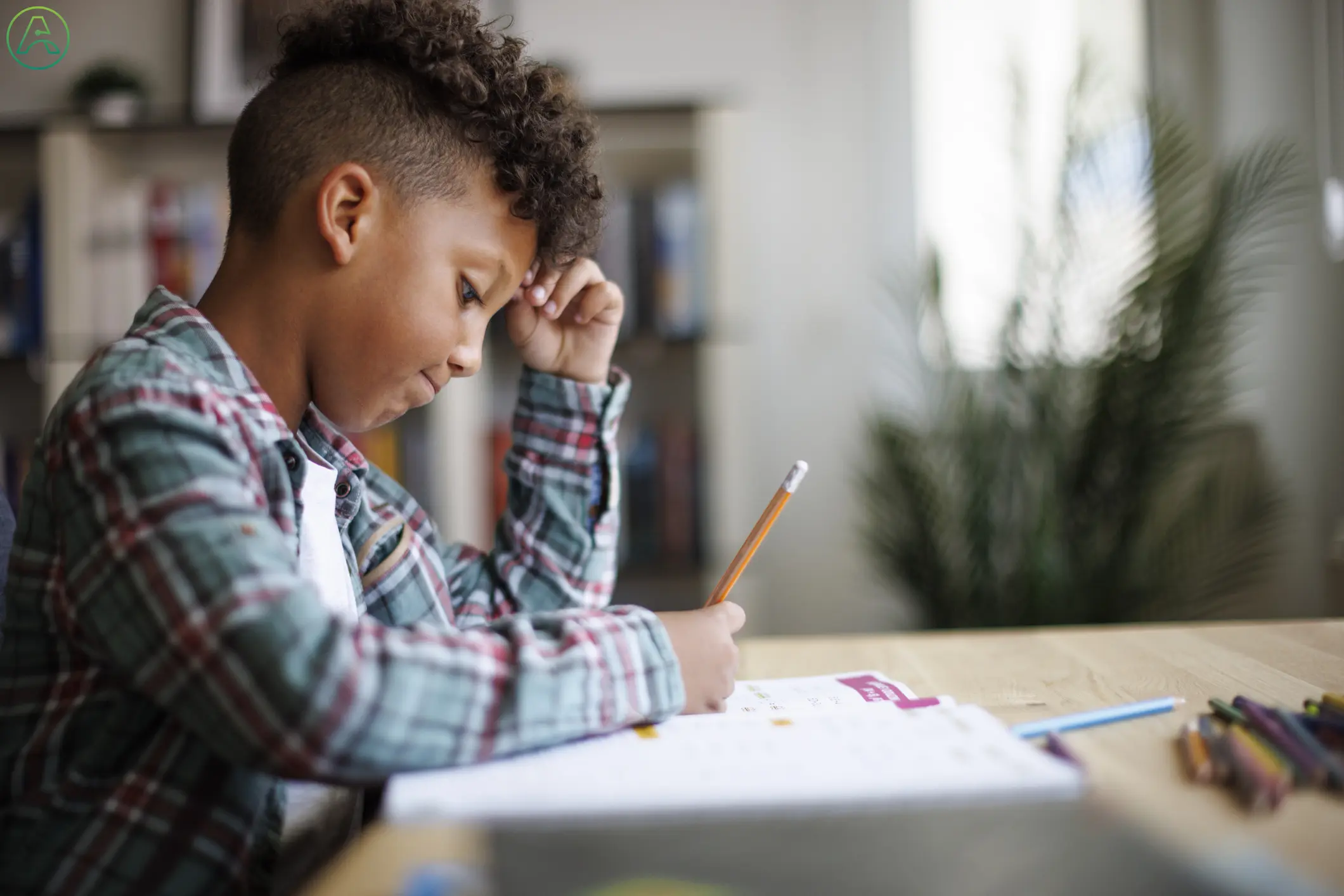 A young boy with curly hair sits at a wooden table, concentrating on his work. He holds a pencil and appears to be writing or completing homework in a notebook. He is wearing a green plaid shirt, and his expression shows focus. The background features shelves with books and a large potted plant, suggesting a home or classroom setting. The lighting is soft and natural.