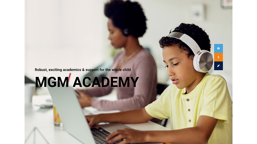 Screenshot of MGM Academy website with kids learning via computers