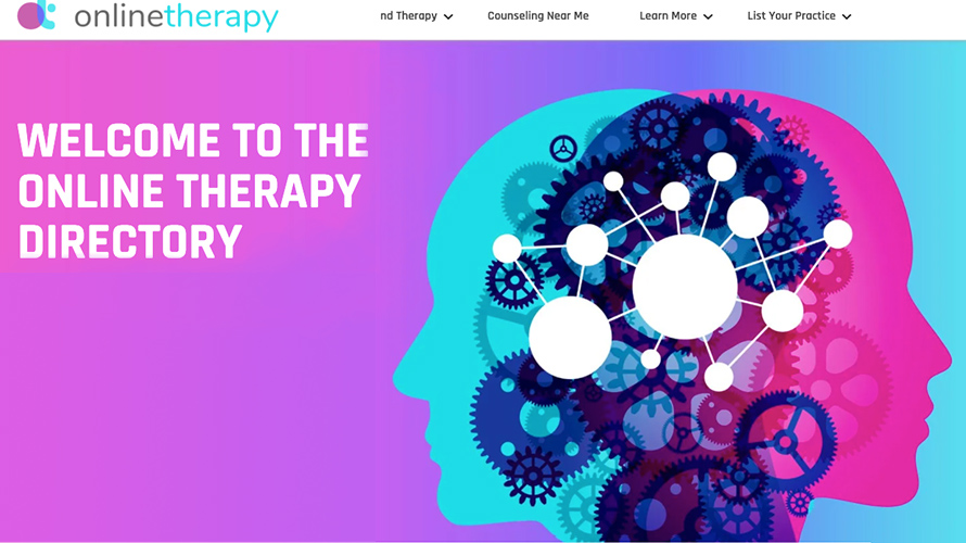 screen shot of onlinetherapy.com there's colorful heads illustration on the right side