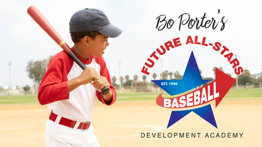 kid holding bat ready to swing next to text logo for Bo Porter's baseball academy