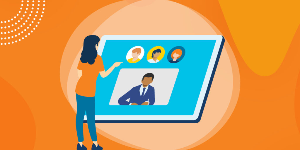 Illustration of a woman interacting with a virtual meeting interface.