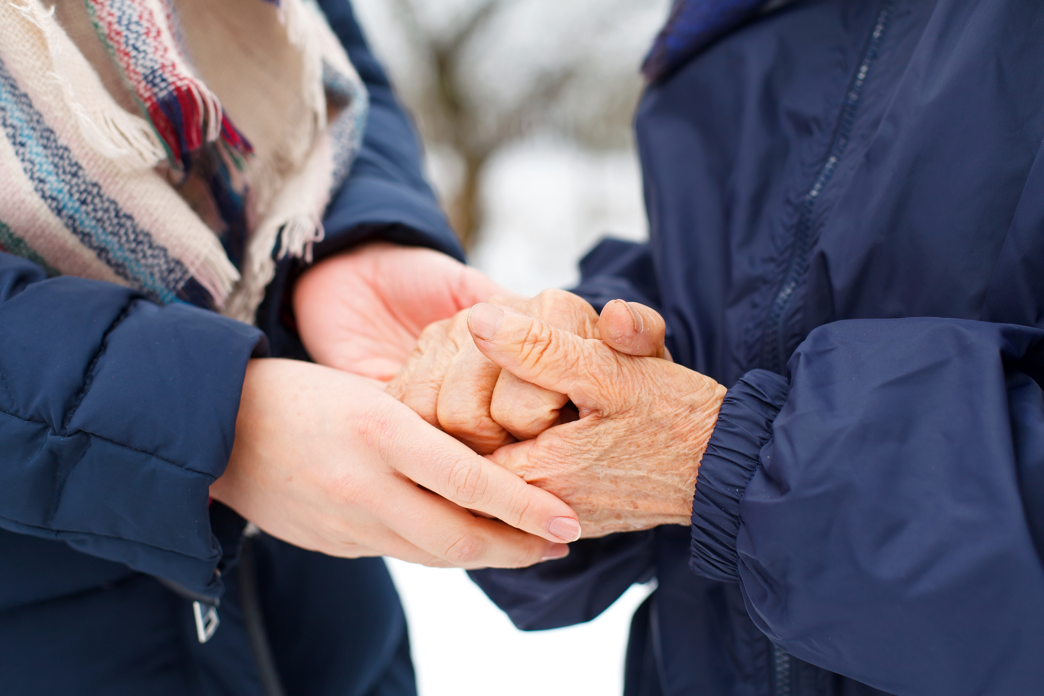 A closeup of two white women's hands, one old and one young, clasped together against a wintry backdrop of snow and blue coats