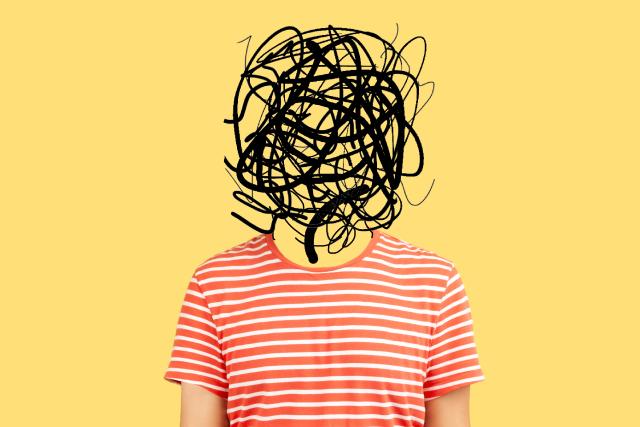 Illustration of a man with a tangled scribble in front of his face